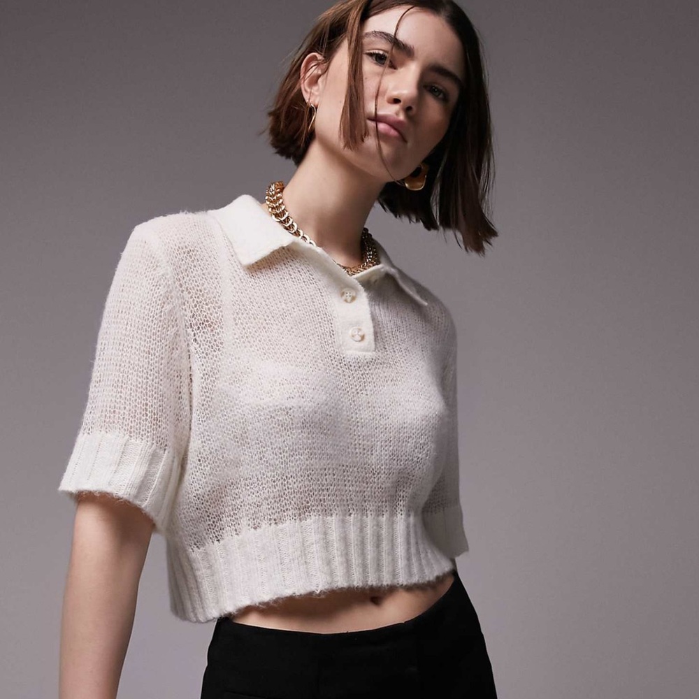 Topshop Knit Sheer Polo Shirt in Ivory